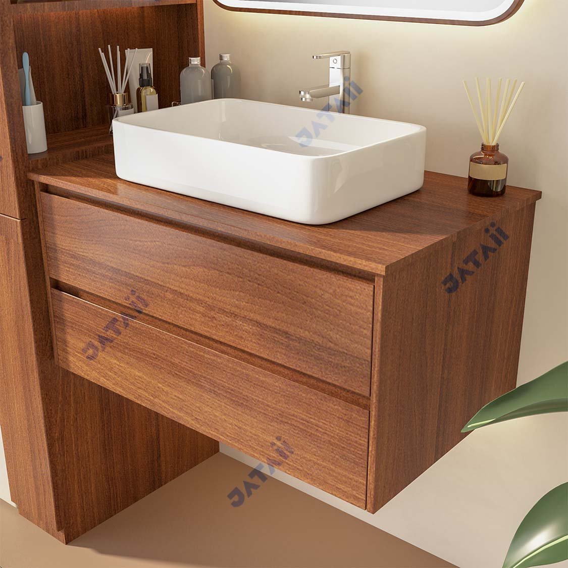 Wholesale 800mm Dark Walnut Aluminum Honeycomb Vanity with Square Vessel Sink & Wood-Framed Smart Mirror | JTDR033