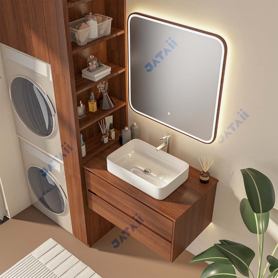 Wholesale 800mm Dark Walnut Aluminum Honeycomb Vanity with Square Vessel Sink & Wood-Framed Smart Mirror | JTDR033