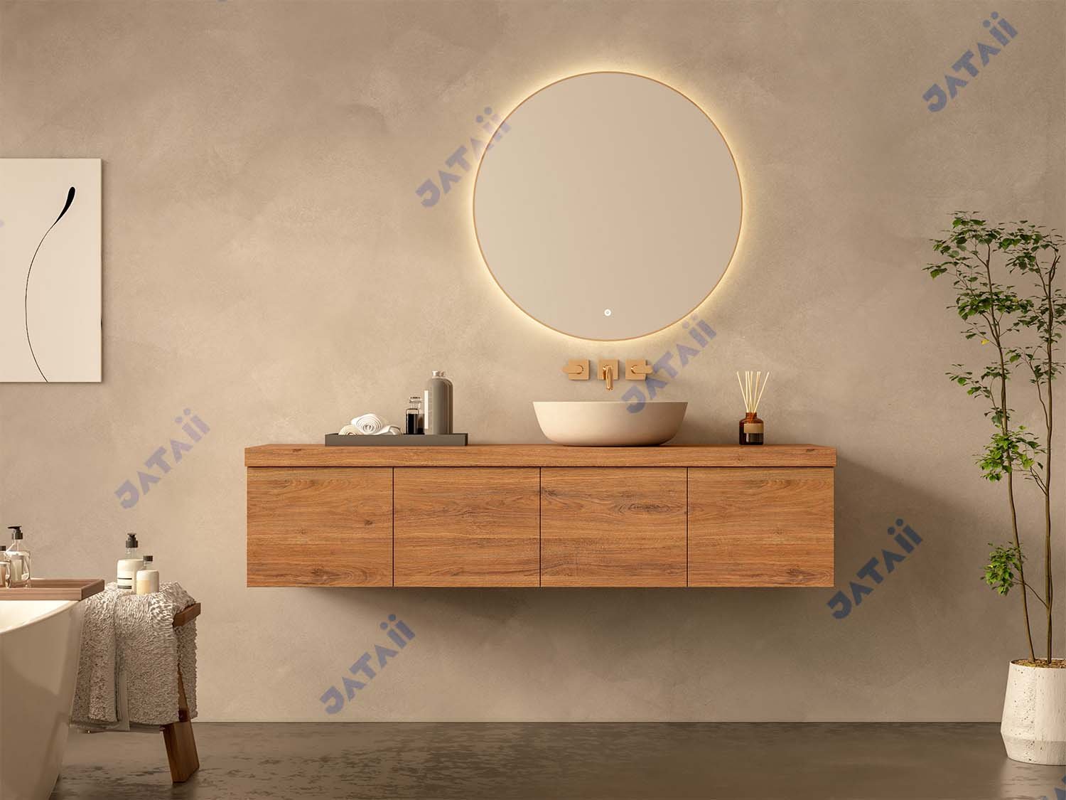 1600mm Wood Grain Floating Vanity with Asymmetrical Vessel Sink