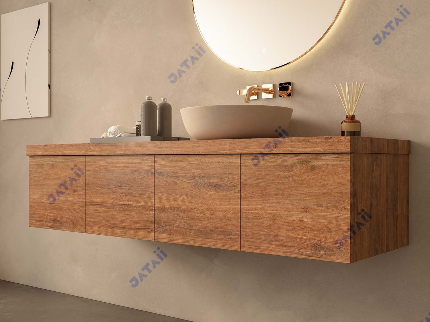 1600mm Wood Grain Floating Vanity with Asymmetrical Vessel Sink