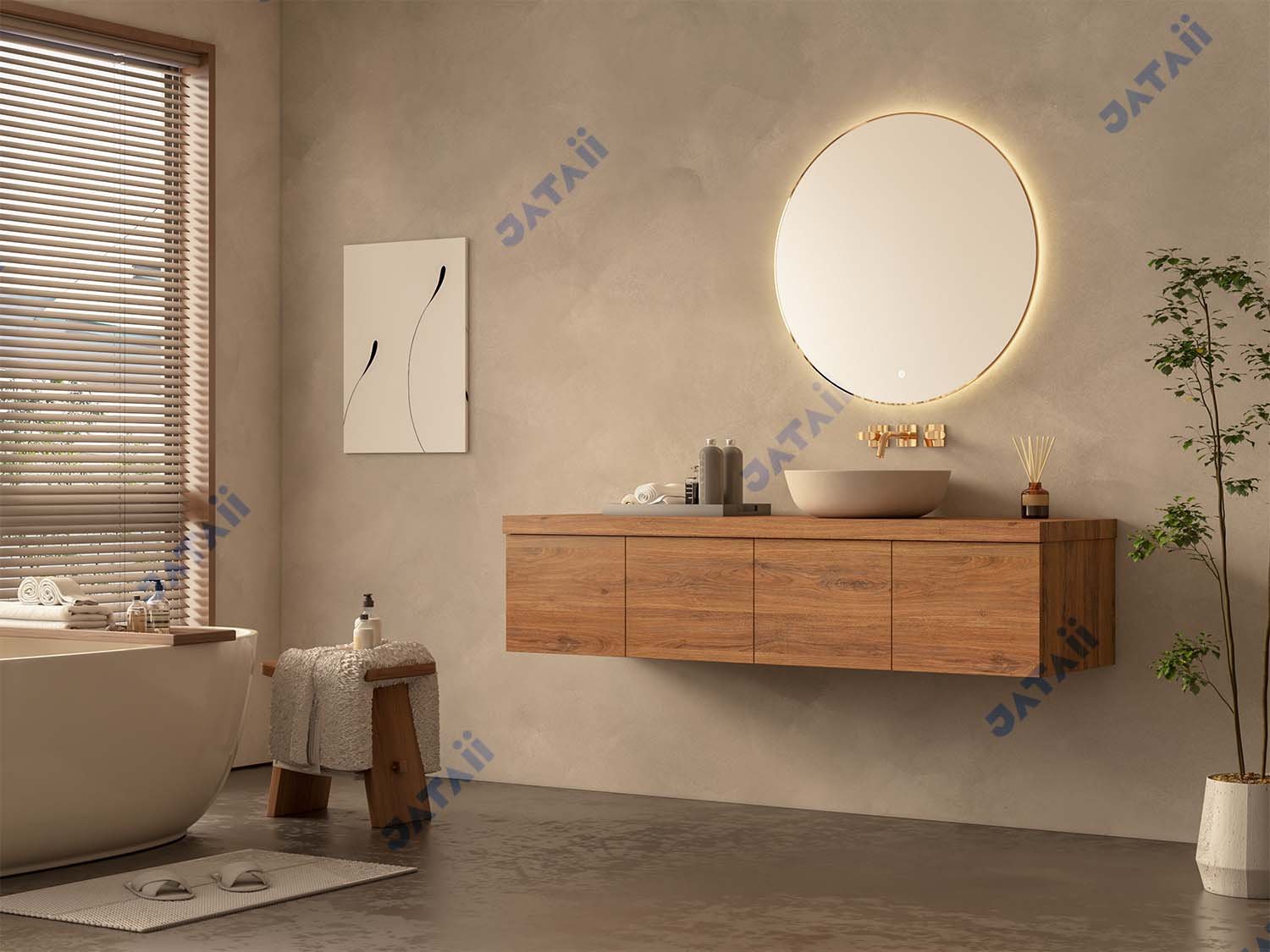 1600mm Wood Grain Floating Vanity with Asymmetrical Vessel Sink