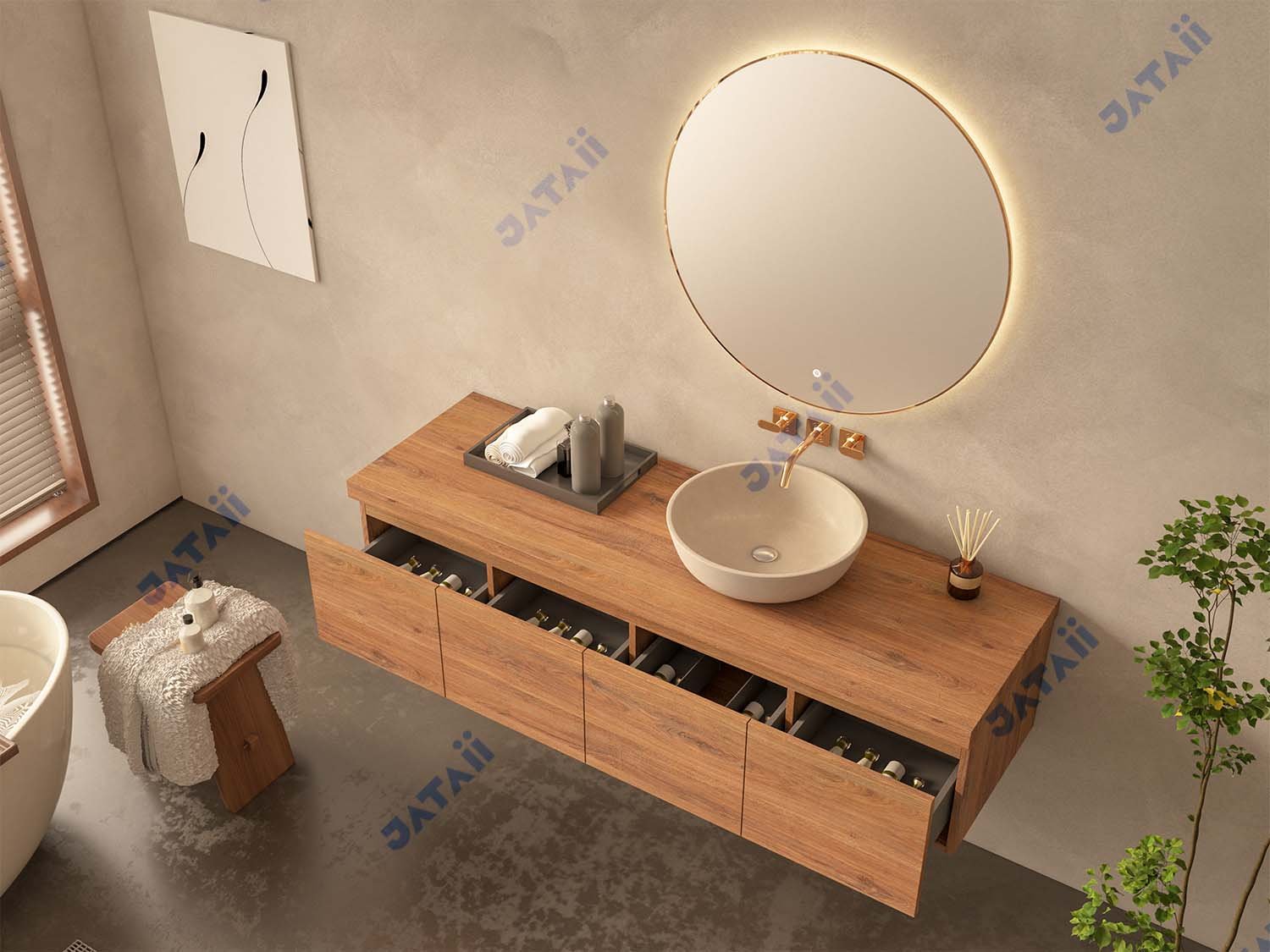 1600mm Wood Grain Floating Vanity with Asymmetrical Vessel Sink