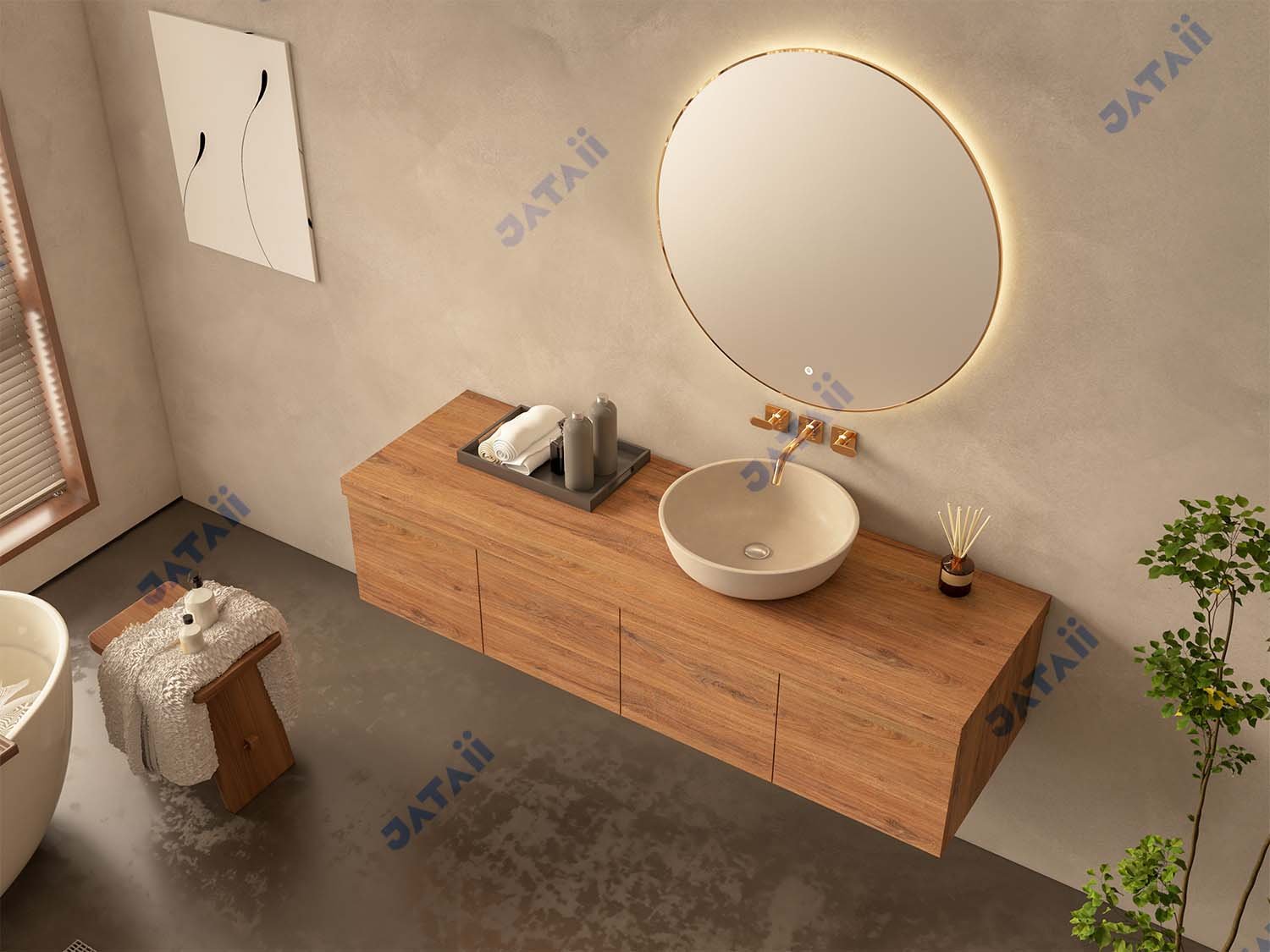 1600mm Wood Grain Floating Vanity with Asymmetrical Vessel Sink