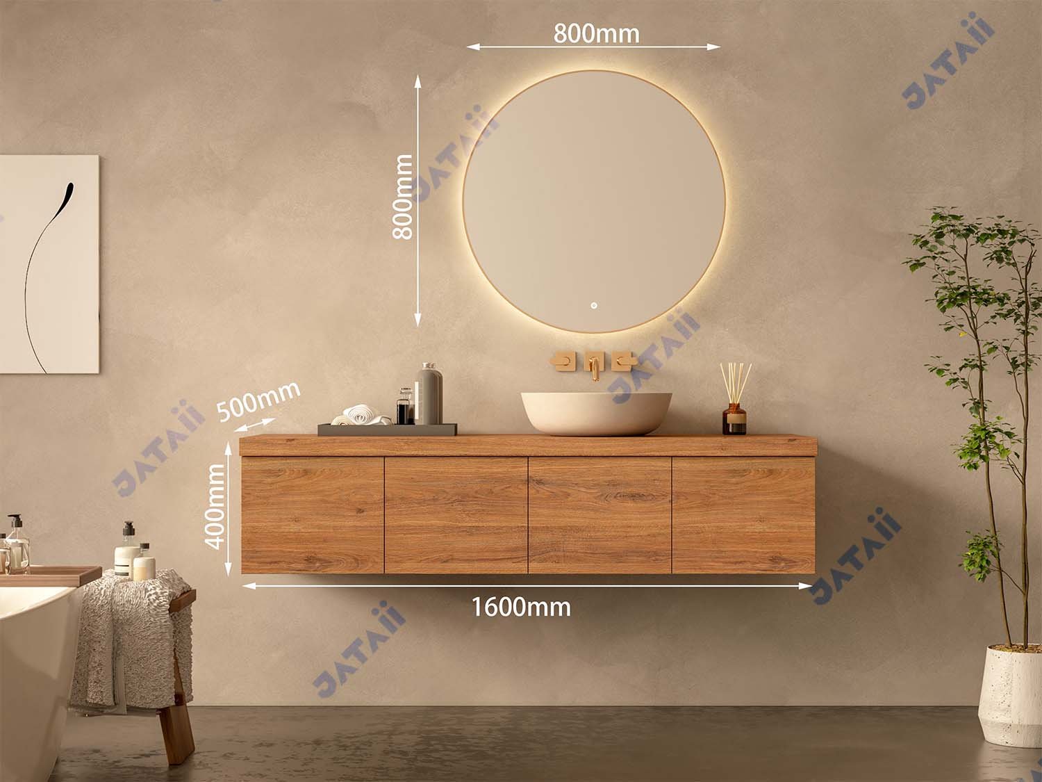 1600mm Wood Grain Floating Vanity with Asymmetrical Vessel Sink