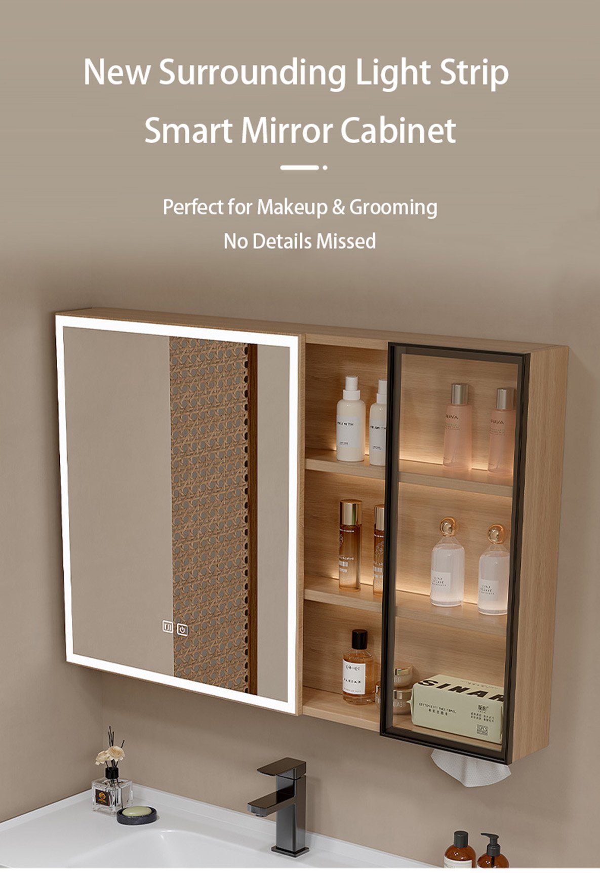 1000mm Wood Grain Aluminum Honeycomb Floating Vanity with Smart LED Medicine Cabinet | JATAII JTDR002 detail 11