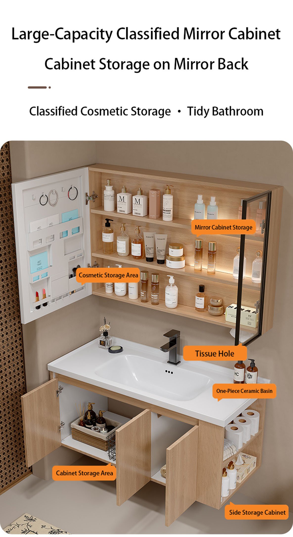 1000mm Wood Grain Aluminum Honeycomb Floating Vanity with Smart LED Medicine Cabinet | JATAII JTDR002 detail 9