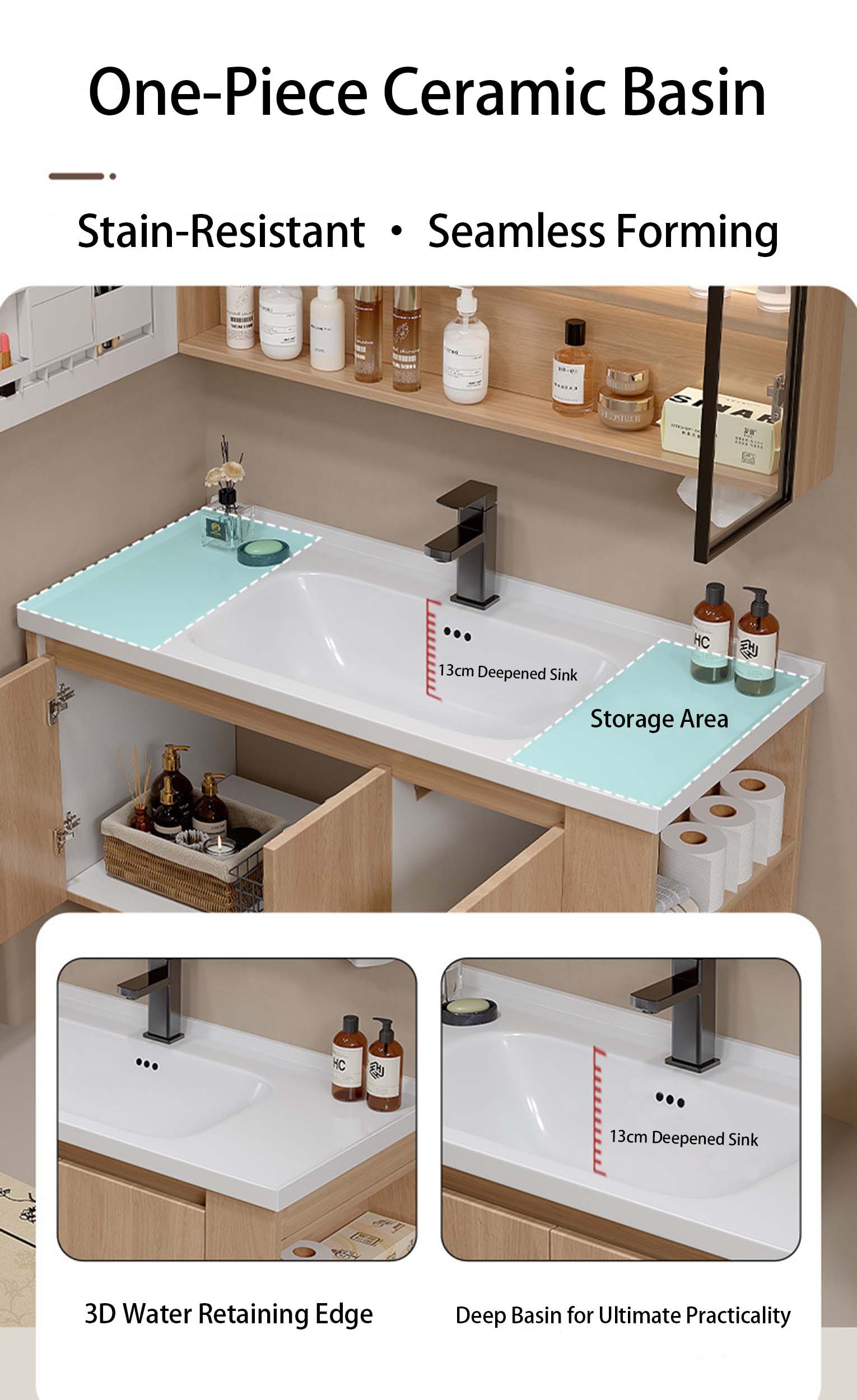 1000mm Wood Grain Aluminum Honeycomb Floating Vanity with Smart LED Medicine Cabinet | JATAII JTDR002 detail 10