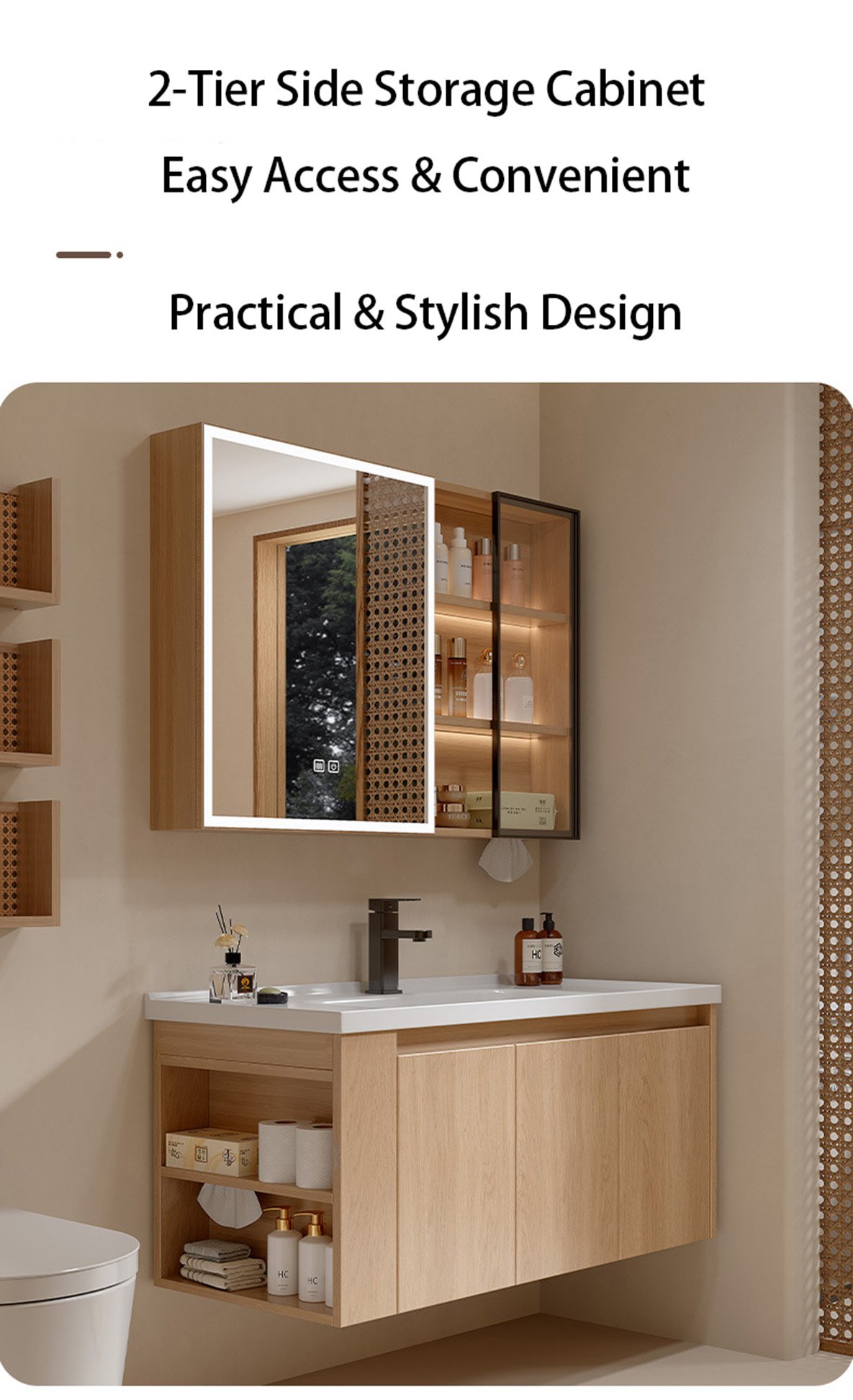 1000mm Wood Grain Aluminum Honeycomb Floating Vanity with Smart LED Medicine Cabinet | JATAII JTDR002 detail 4