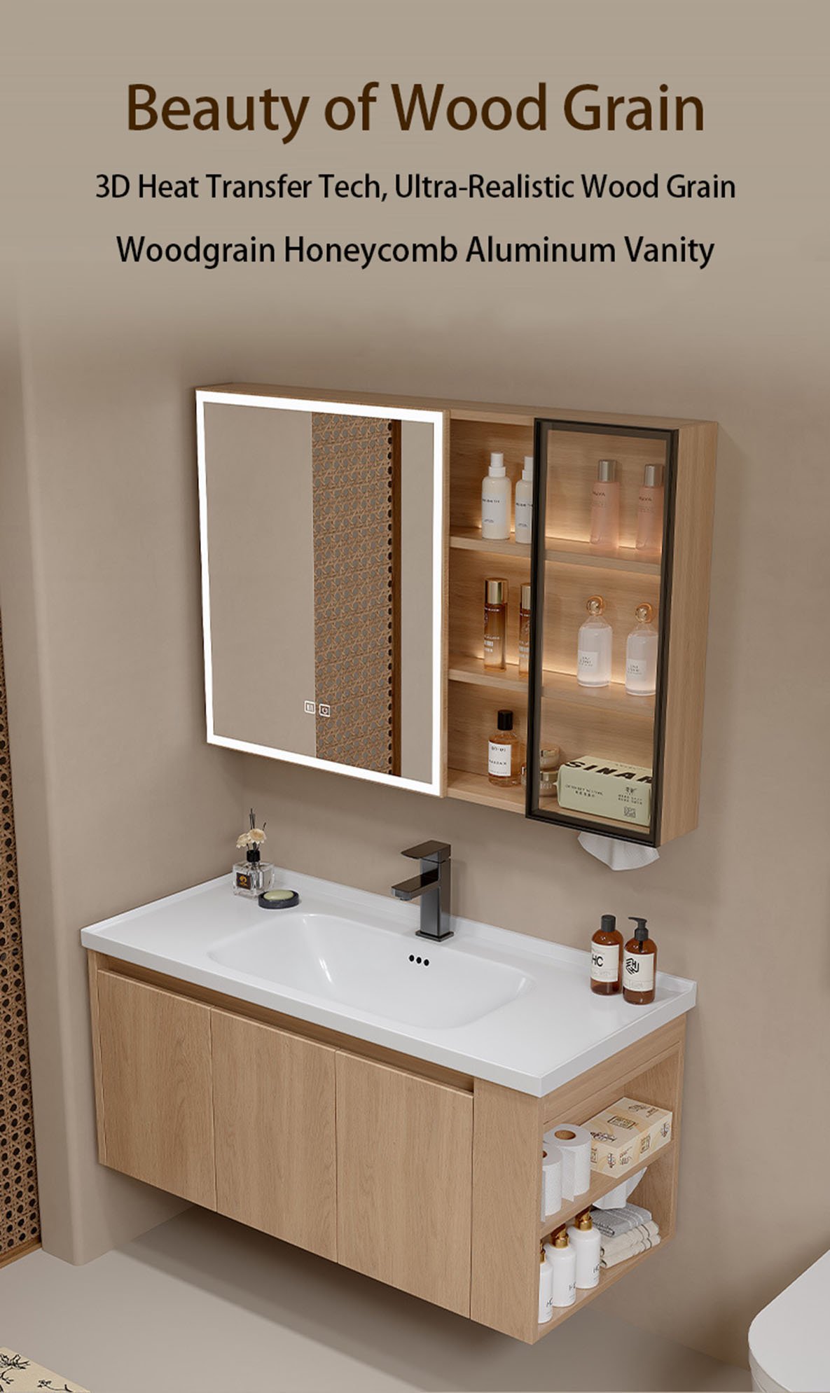 1000mm Wood Grain Aluminum Honeycomb Floating Vanity with Smart LED Medicine Cabinet | JATAII JTDR002 detail 1