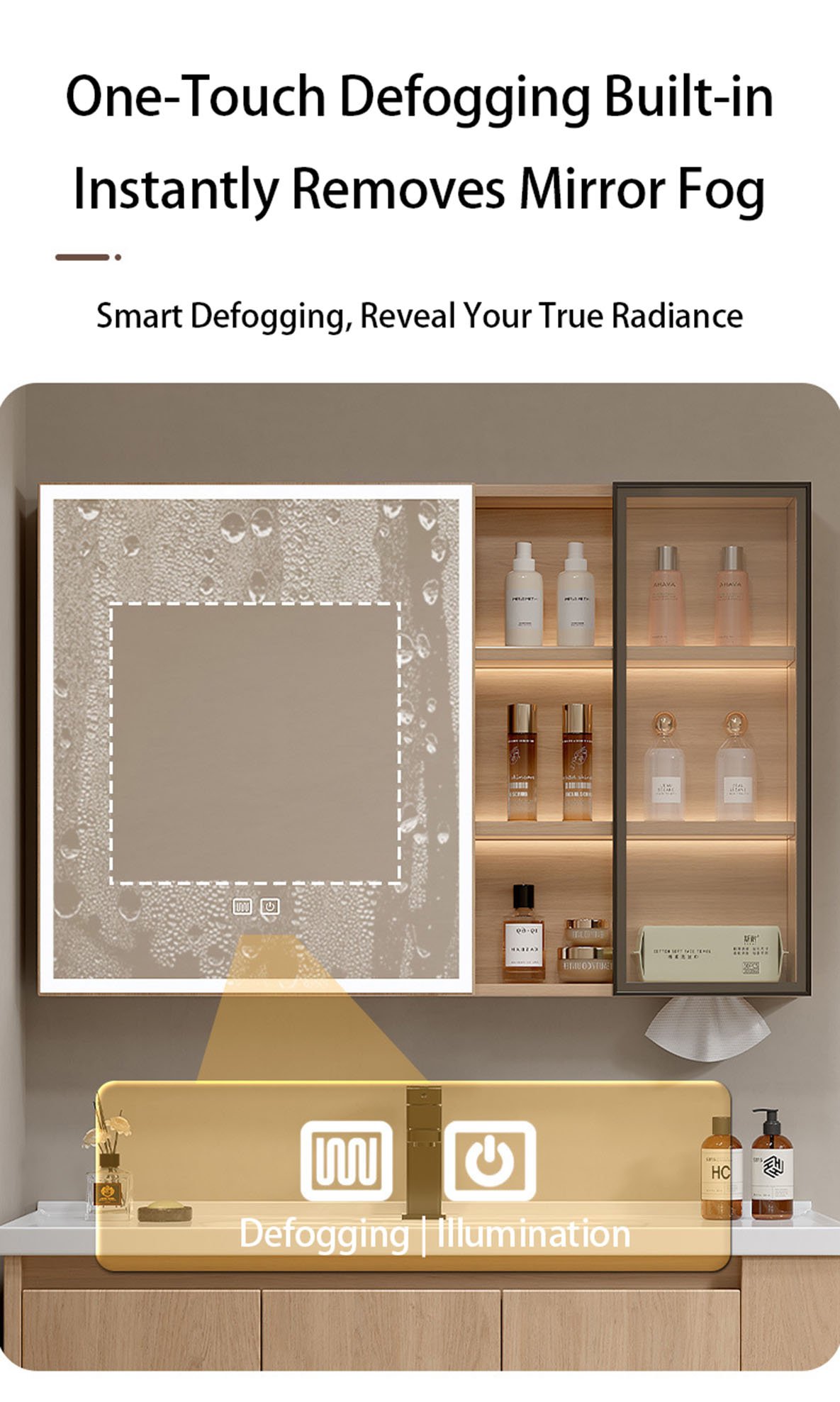 1000mm Wood Grain Aluminum Honeycomb Floating Vanity with Smart LED Medicine Cabinet | JATAII JTDR002 detail 7