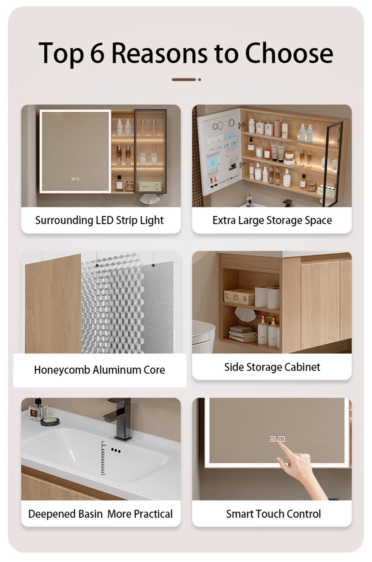 1000mm Wood Grain Aluminum Honeycomb Floating Vanity with Smart LED Medicine Cabinet | JATAII JTDR002 detail 3