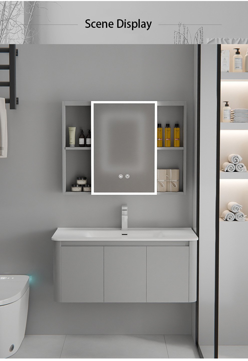 Modern Curved Matte Aluminum Honeycomb Vanity with Smart LED Mirror | JTDR003 detail 6