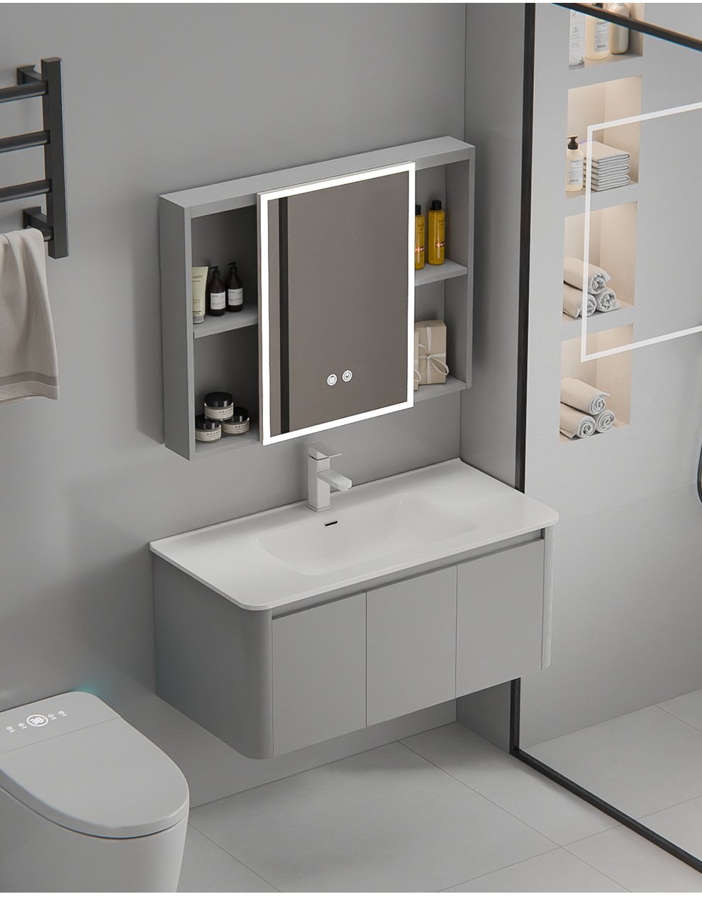 Modern Curved Matte Aluminum Honeycomb Vanity with Smart LED Mirror | JTDR003 detail 11