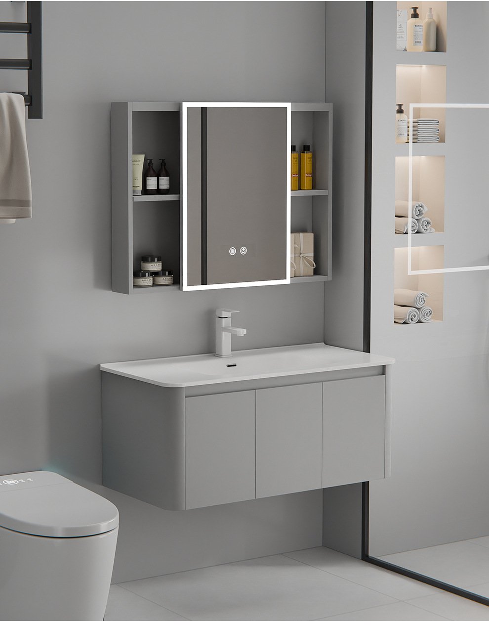 Modern Curved Matte Aluminum Honeycomb Vanity with Smart LED Mirror | JTDR003 detail 12