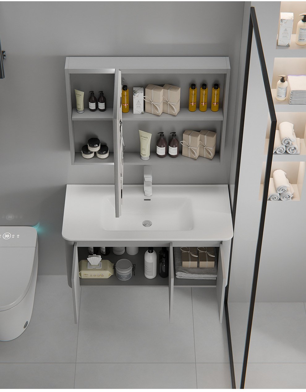 Modern Curved Matte Aluminum Honeycomb Vanity with Smart LED Mirror | JTDR003 detail 10