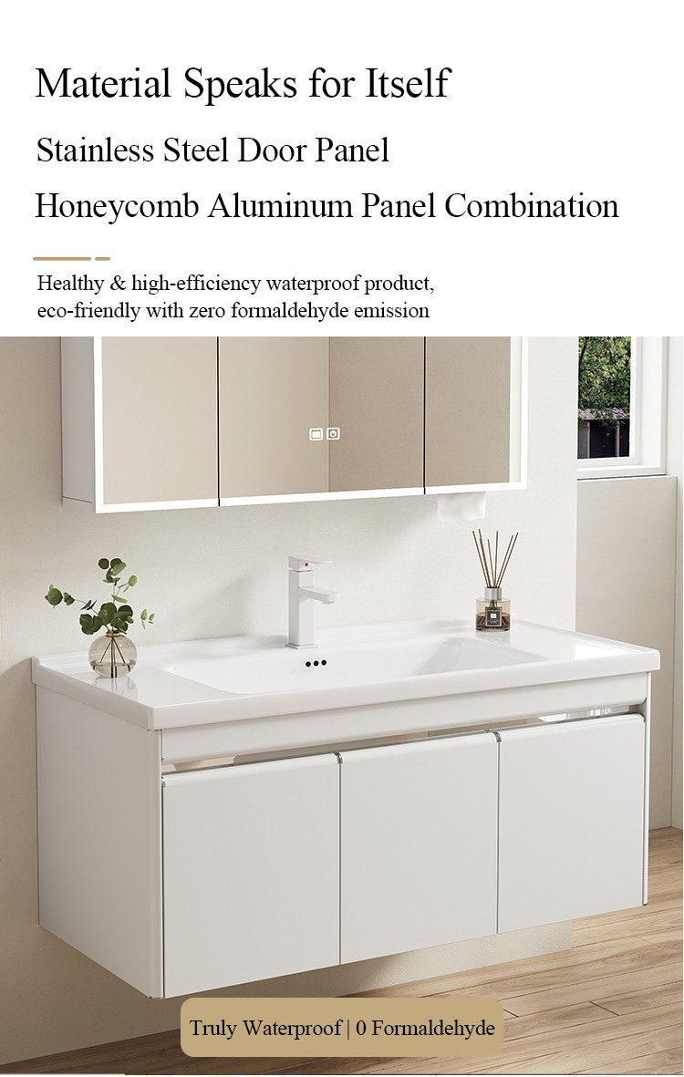 Modern White Aluminum Honeycomb Vanity with Hidden Handles | JTDR006 detail 7
