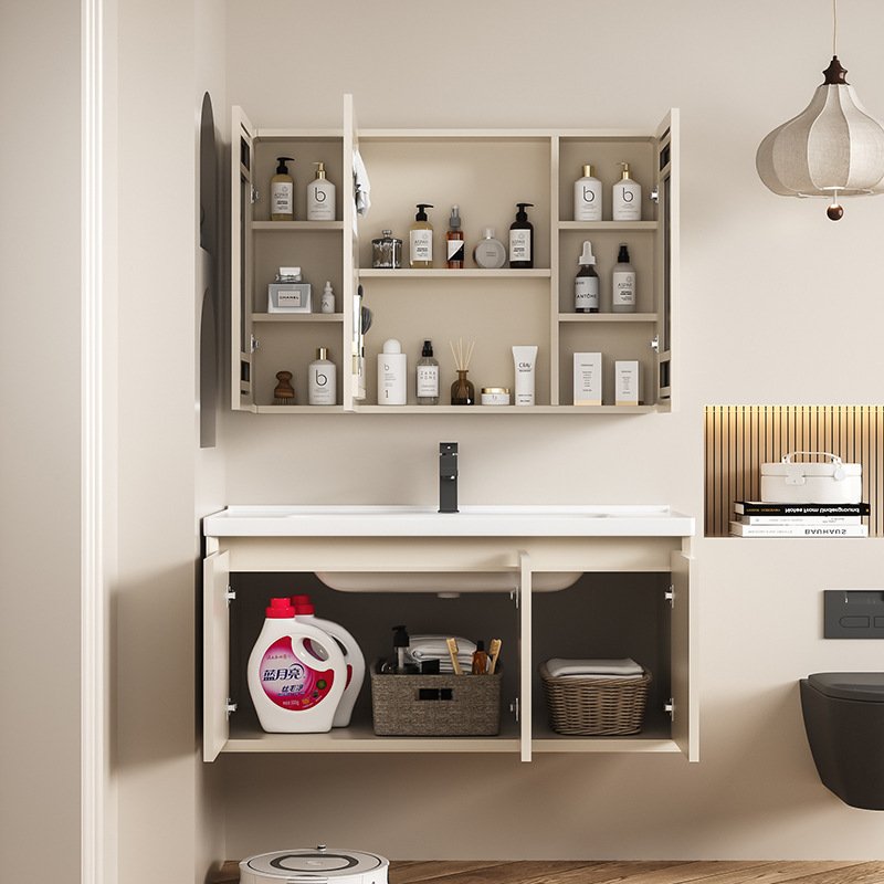 Modern Cream Curved Aluminum Honeycomb Bathroom Vanity with Smart LED Mirror | JTDR009