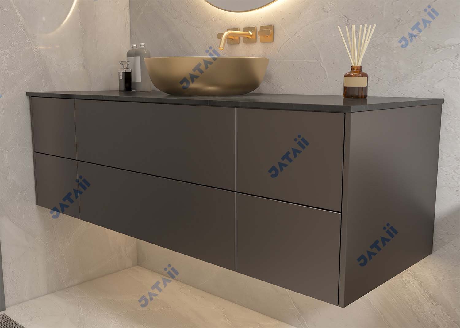 1600mm Luxury Dark Floating Vanity with Gold Vessel Sink & Sintered Stone
