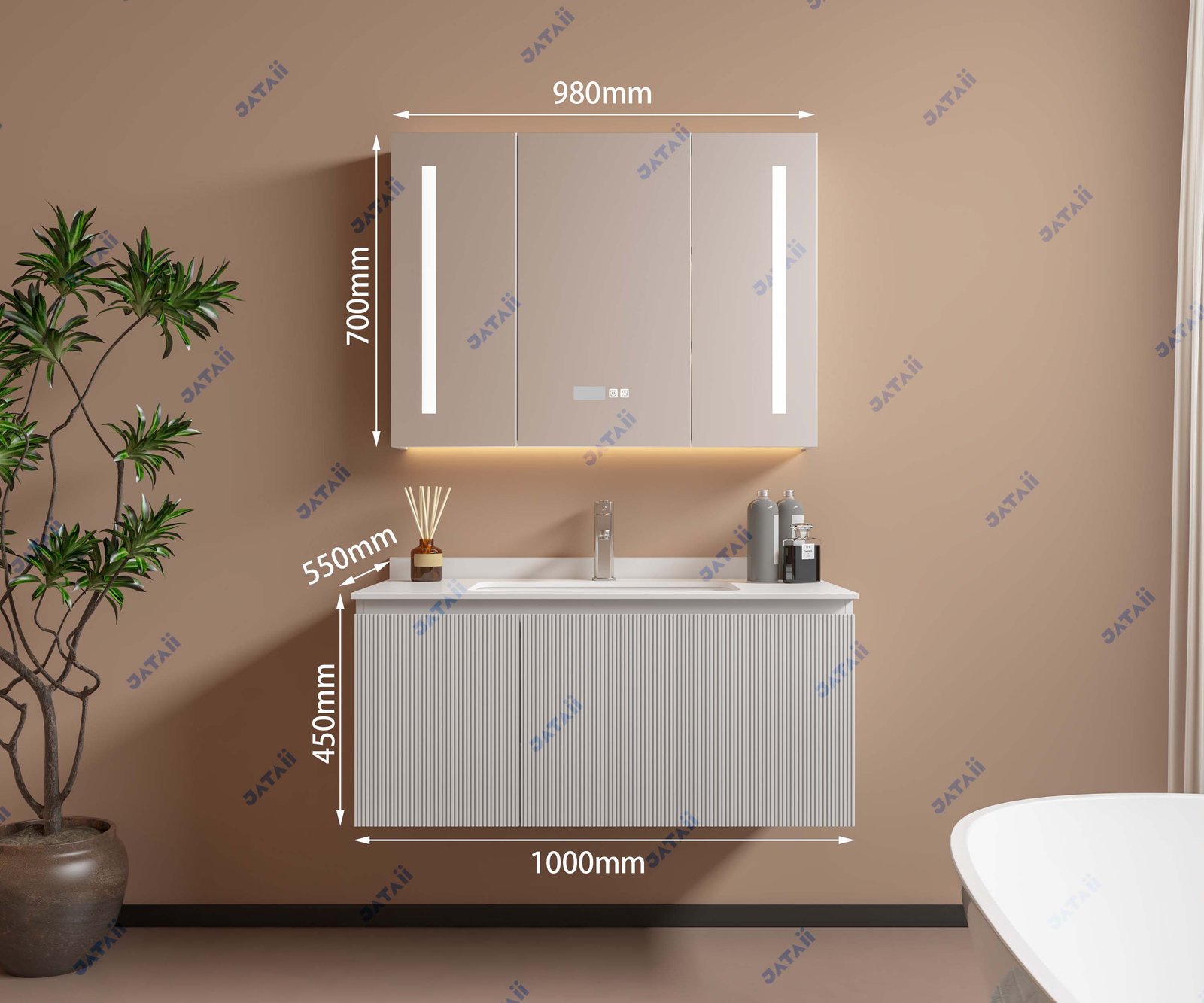 1000mm White Fluted Aluminum Vanity with 3-Door Mirror Cabinet