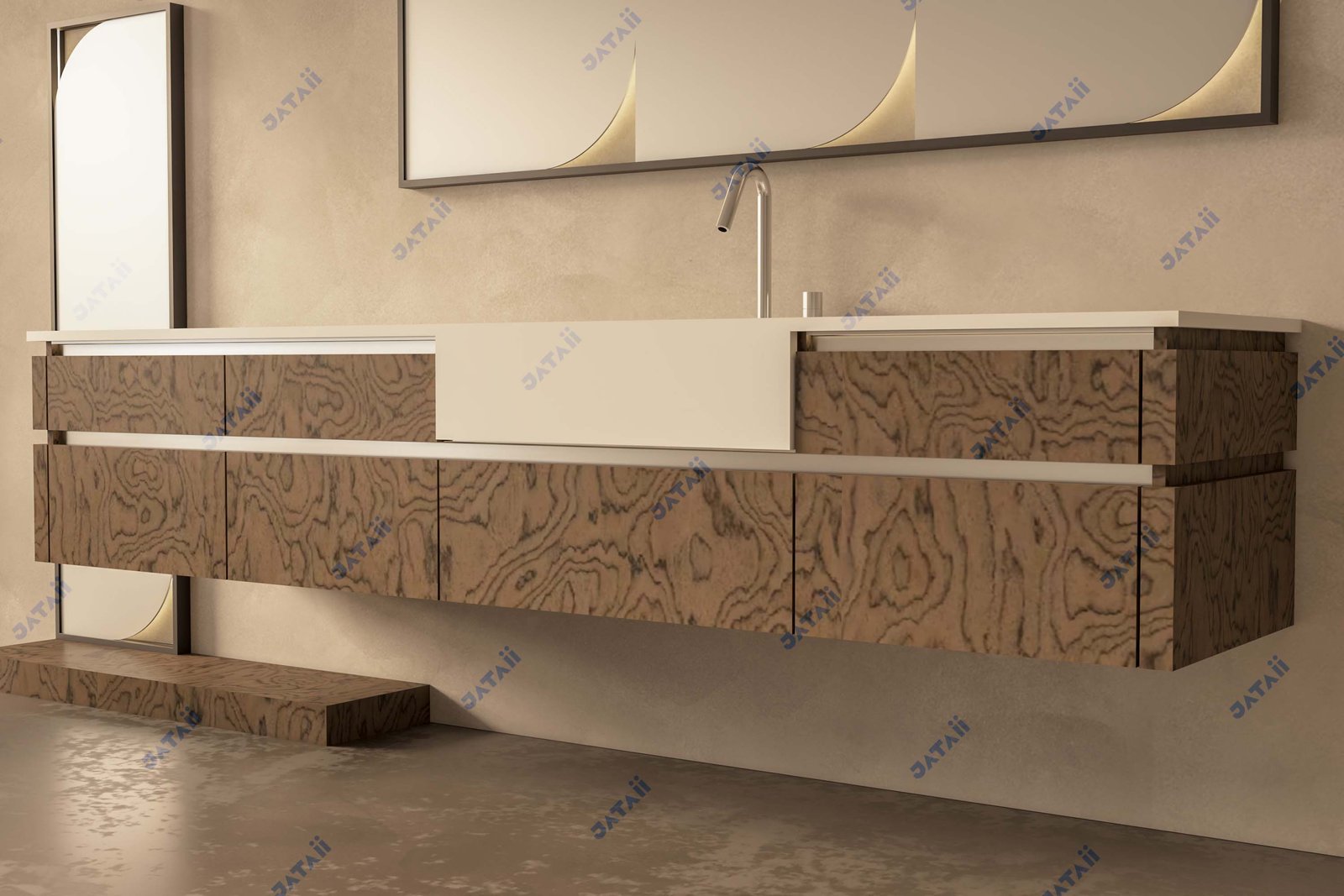 2400mm Exotic Wood Grain Floating Vanity with Asymmetrical Sink & Art Mirrors