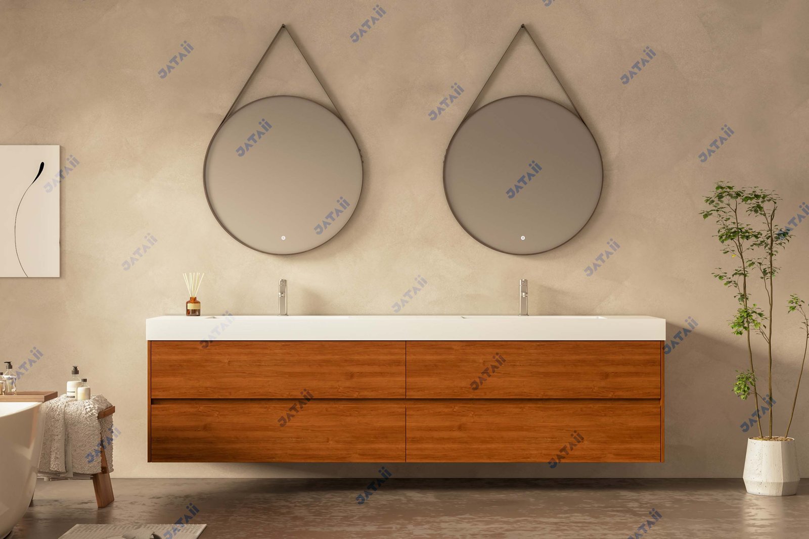 2000mm Wood Grain Double Vanity with Integrated Sink & Strap Mirrors