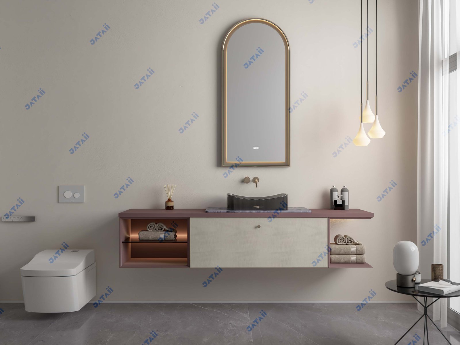 2000mm Avant-Garde Floating Vanity with Translucent Vessel Sink & Arched Mirror