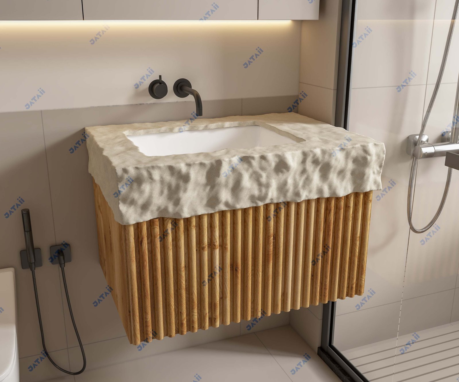 800mm Light Oak Fluted Vanity with Chiseled Stone Top & 2000mm Mirror Cabinet
