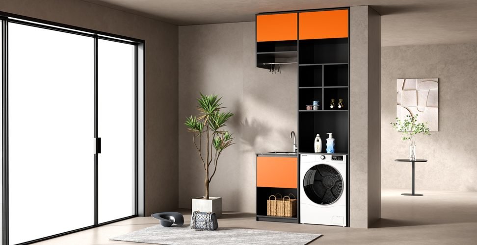 柜身高级灰-面板爱马仕橙-台面黑色1200